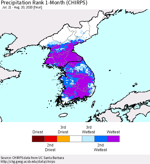Korea Precipitation Rank 1-Month (CHIRPS) Thematic Map For 7/21/2020 - 8/20/2020