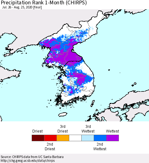 Korea Precipitation Rank 1-Month (CHIRPS) Thematic Map For 7/26/2020 - 8/25/2020
