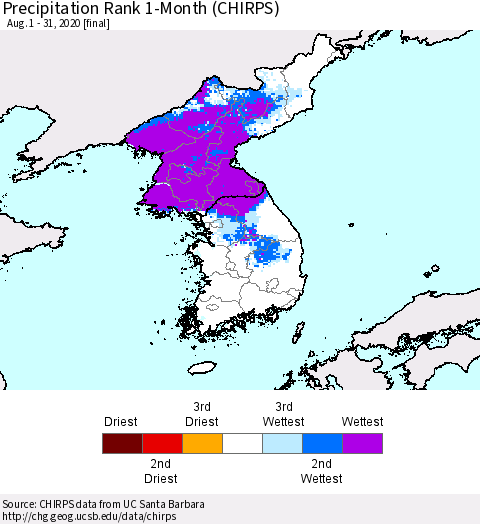 Korea Precipitation Rank since 1981, 1-Month (CHIRPS) Thematic Map For 8/1/2020 - 8/31/2020