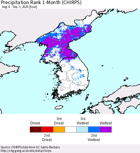 Korea Precipitation Rank since 1981, 1-Month (CHIRPS) Thematic Map For 8/6/2020 - 9/5/2020