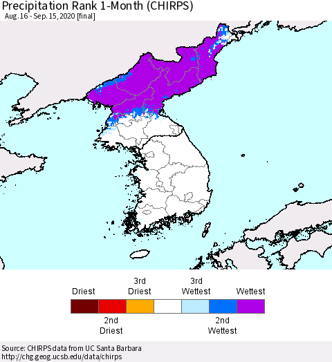 Korea Precipitation Rank 1-Month (CHIRPS) Thematic Map For 8/16/2020 - 9/15/2020