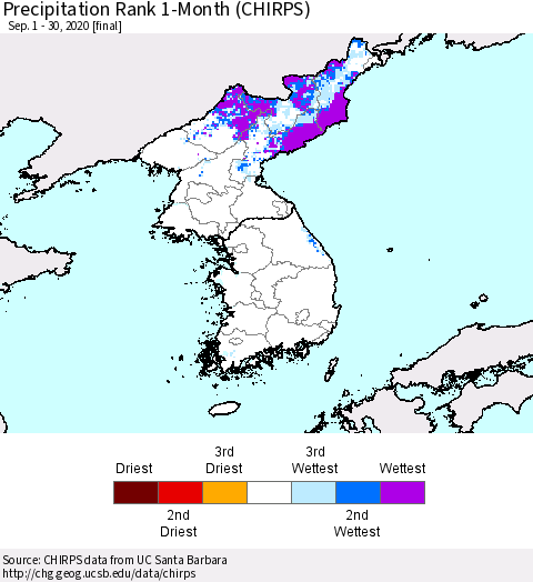 Korea Precipitation Rank since 1981, 1-Month (CHIRPS) Thematic Map For 9/1/2020 - 9/30/2020