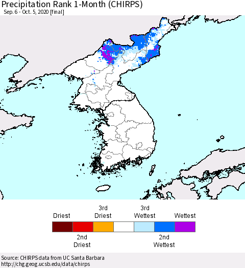 Korea Precipitation Rank 1-Month (CHIRPS) Thematic Map For 9/6/2020 - 10/5/2020