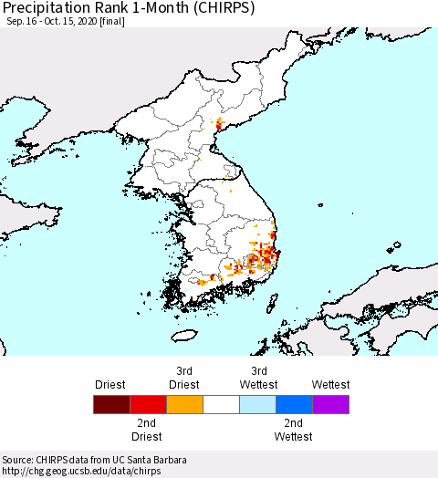 Korea Precipitation Rank since 1981, 1-Month (CHIRPS) Thematic Map For 9/16/2020 - 10/15/2020