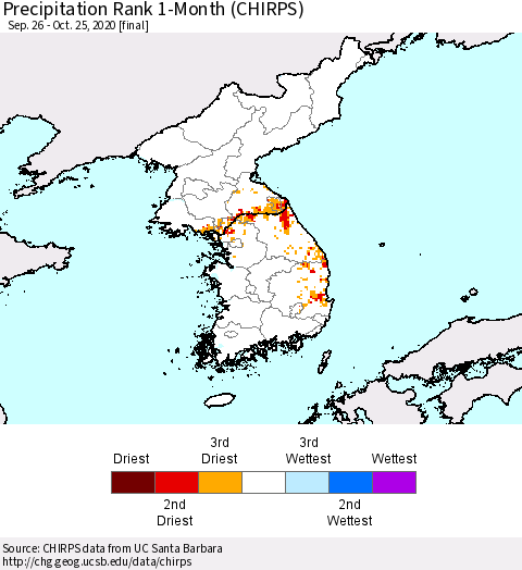 Korea Precipitation Rank since 1981, 1-Month (CHIRPS) Thematic Map For 9/26/2020 - 10/25/2020