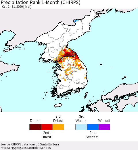 Korea Precipitation Rank 1-Month (CHIRPS) Thematic Map For 10/1/2020 - 10/31/2020