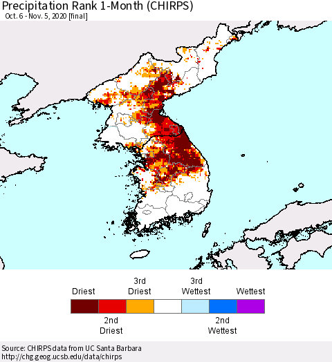 Korea Precipitation Rank 1-Month (CHIRPS) Thematic Map For 10/6/2020 - 11/5/2020
