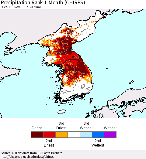 Korea Precipitation Rank 1-Month (CHIRPS) Thematic Map For 10/11/2020 - 11/10/2020