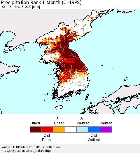 Korea Precipitation Rank 1-Month (CHIRPS) Thematic Map For 10/16/2020 - 11/15/2020