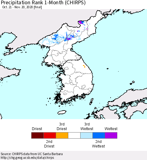 Korea Precipitation Rank 1-Month (CHIRPS) Thematic Map For 10/21/2020 - 11/20/2020