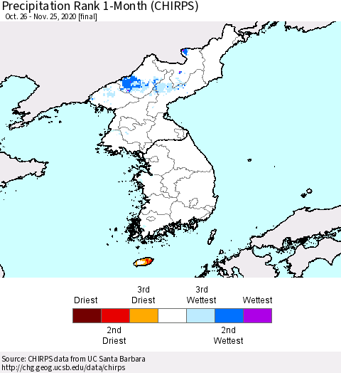 Korea Precipitation Rank 1-Month (CHIRPS) Thematic Map For 10/26/2020 - 11/25/2020
