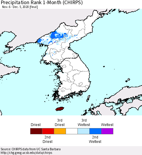 Korea Precipitation Rank since 1981, 1-Month (CHIRPS) Thematic Map For 11/6/2020 - 12/5/2020