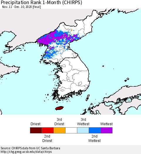 Korea Precipitation Rank 1-Month (CHIRPS) Thematic Map For 11/11/2020 - 12/10/2020