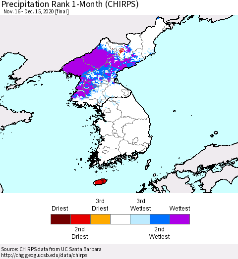 Korea Precipitation Rank since 1981, 1-Month (CHIRPS) Thematic Map For 11/16/2020 - 12/15/2020