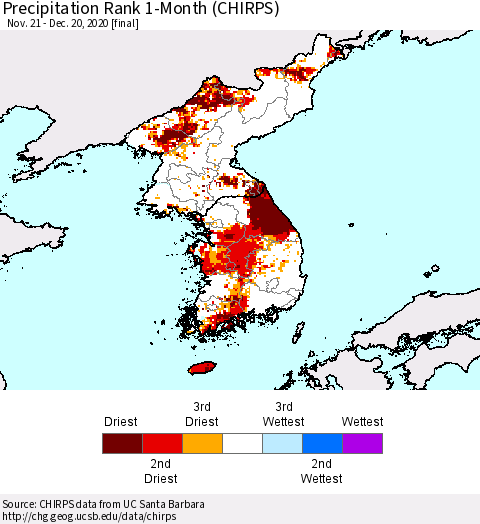 Korea Precipitation Rank since 1981, 1-Month (CHIRPS) Thematic Map For 11/21/2020 - 12/20/2020