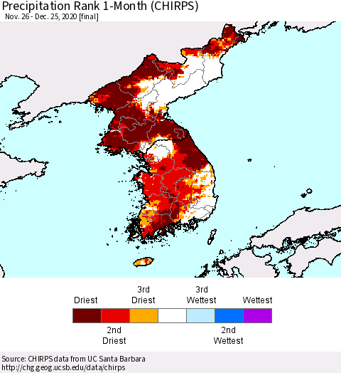 Korea Precipitation Rank 1-Month (CHIRPS) Thematic Map For 11/26/2020 - 12/25/2020
