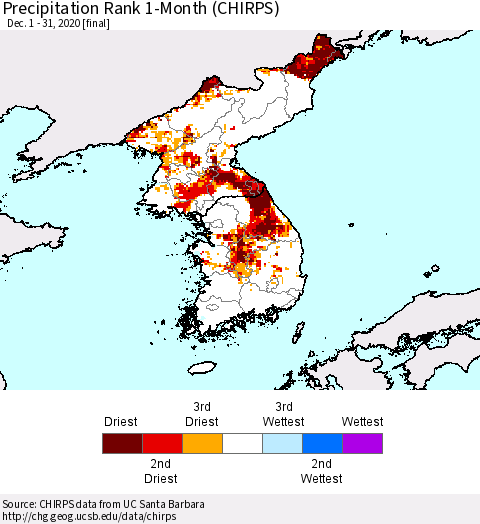 Korea Precipitation Rank 1-Month (CHIRPS) Thematic Map For 12/1/2020 - 12/31/2020