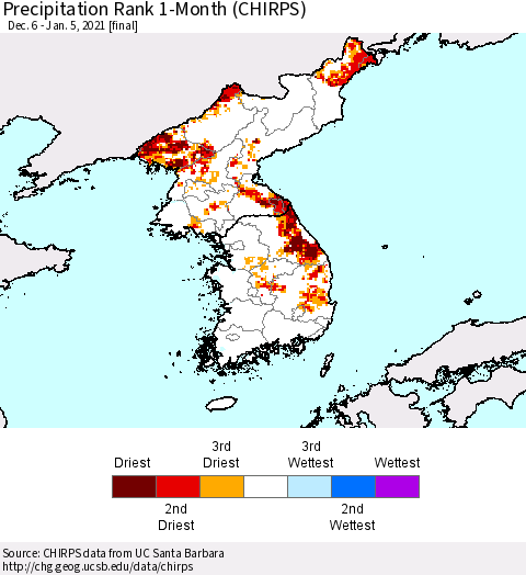 Korea Precipitation Rank 1-Month (CHIRPS) Thematic Map For 12/6/2020 - 1/5/2021