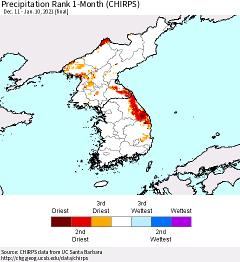 Korea Precipitation Rank 1-Month (CHIRPS) Thematic Map For 12/11/2020 - 1/10/2021