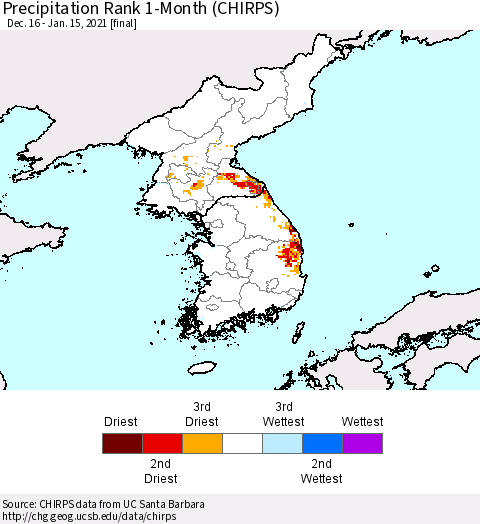 Korea Precipitation Rank 1-Month (CHIRPS) Thematic Map For 12/16/2020 - 1/15/2021