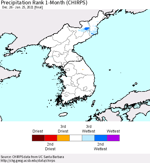 Korea Precipitation Rank 1-Month (CHIRPS) Thematic Map For 12/26/2020 - 1/25/2021