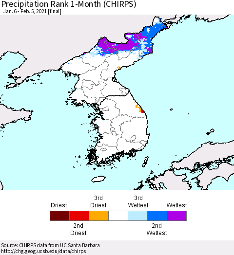 Korea Precipitation Rank 1-Month (CHIRPS) Thematic Map For 1/6/2021 - 2/5/2021