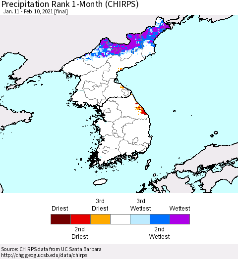 Korea Precipitation Rank 1-Month (CHIRPS) Thematic Map For 1/11/2021 - 2/10/2021