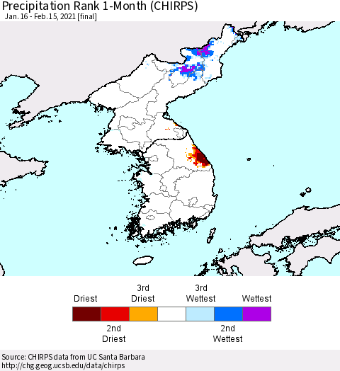 Korea Precipitation Rank since 1981, 1-Month (CHIRPS) Thematic Map For 1/16/2021 - 2/15/2021