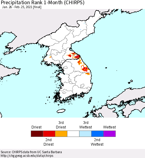 Korea Precipitation Rank since 1981, 1-Month (CHIRPS) Thematic Map For 1/26/2021 - 2/25/2021