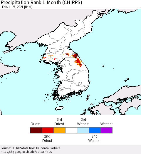 Korea Precipitation Rank 1-Month (CHIRPS) Thematic Map For 2/1/2021 - 2/28/2021