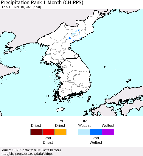 Korea Precipitation Rank 1-Month (CHIRPS) Thematic Map For 2/11/2021 - 3/10/2021