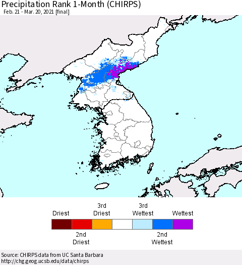 Korea Precipitation Rank since 1981, 1-Month (CHIRPS) Thematic Map For 2/21/2021 - 3/20/2021