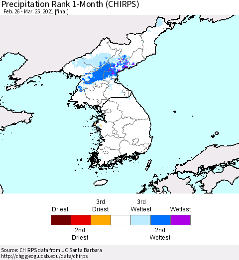 Korea Precipitation Rank 1-Month (CHIRPS) Thematic Map For 2/26/2021 - 3/25/2021