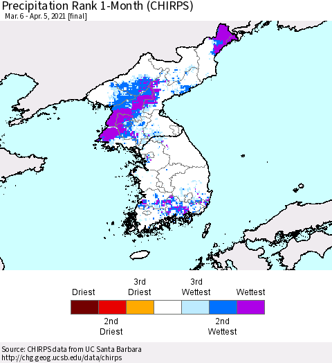 Korea Precipitation Rank 1-Month (CHIRPS) Thematic Map For 3/6/2021 - 4/5/2021
