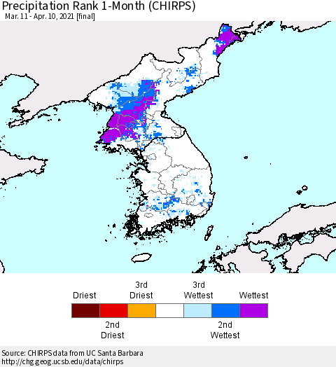 Korea Precipitation Rank 1-Month (CHIRPS) Thematic Map For 3/11/2021 - 4/10/2021
