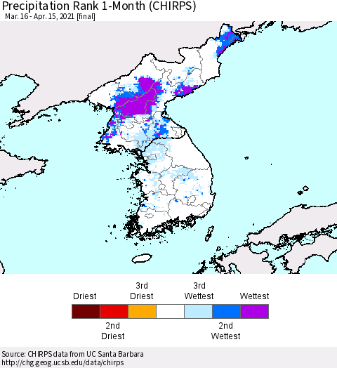 Korea Precipitation Rank since 1981, 1-Month (CHIRPS) Thematic Map For 3/16/2021 - 4/15/2021