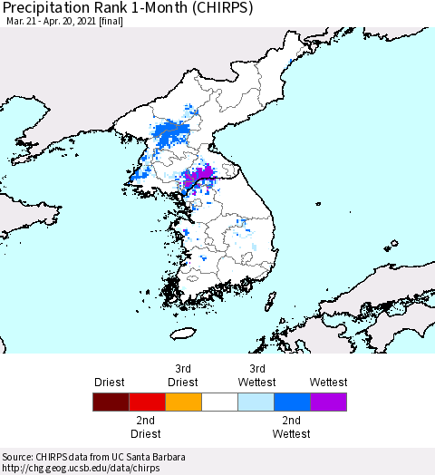 Korea Precipitation Rank since 1981, 1-Month (CHIRPS) Thematic Map For 3/21/2021 - 4/20/2021