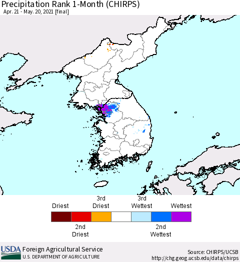 Korea Precipitation Rank 1-Month (CHIRPS) Thematic Map For 4/21/2021 - 5/20/2021