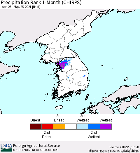 Korea Precipitation Rank 1-Month (CHIRPS) Thematic Map For 4/26/2021 - 5/25/2021