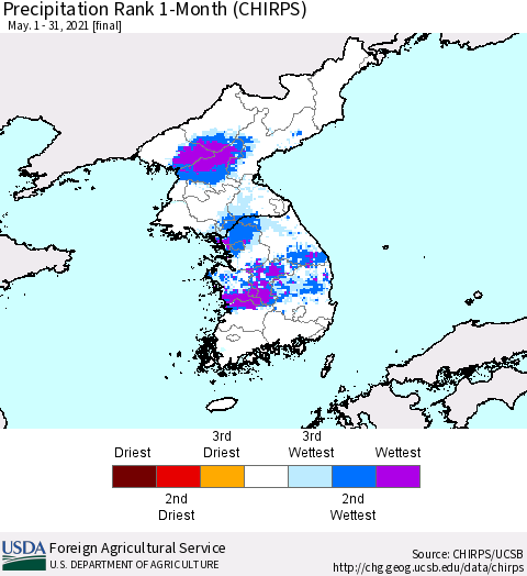 Korea Precipitation Rank since 1981, 1-Month (CHIRPS) Thematic Map For 5/1/2021 - 5/31/2021