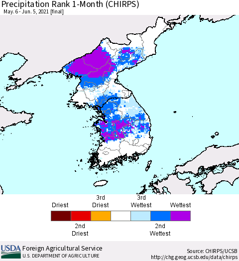 Korea Precipitation Rank since 1981, 1-Month (CHIRPS) Thematic Map For 5/6/2021 - 6/5/2021