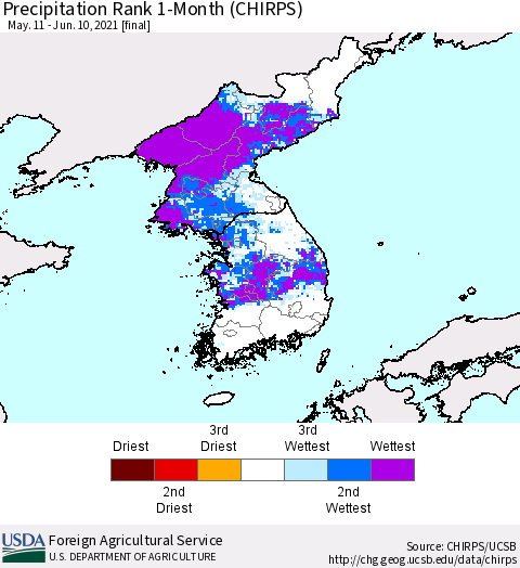 Korea Precipitation Rank since 1981, 1-Month (CHIRPS) Thematic Map For 5/11/2021 - 6/10/2021