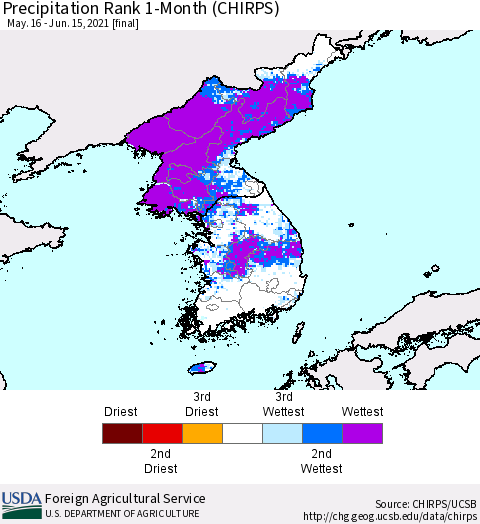Korea Precipitation Rank since 1981, 1-Month (CHIRPS) Thematic Map For 5/16/2021 - 6/15/2021