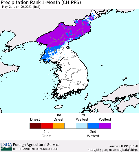Korea Precipitation Rank since 1981, 1-Month (CHIRPS) Thematic Map For 5/21/2021 - 6/20/2021