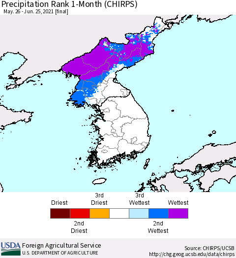 Korea Precipitation Rank since 1981, 1-Month (CHIRPS) Thematic Map For 5/26/2021 - 6/25/2021