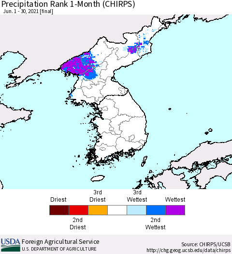 Korea Precipitation Rank 1-Month (CHIRPS) Thematic Map For 6/1/2021 - 6/30/2021