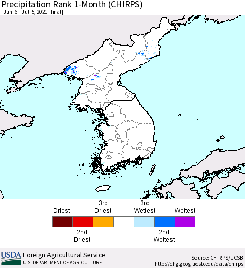 Korea Precipitation Rank 1-Month (CHIRPS) Thematic Map For 6/6/2021 - 7/5/2021