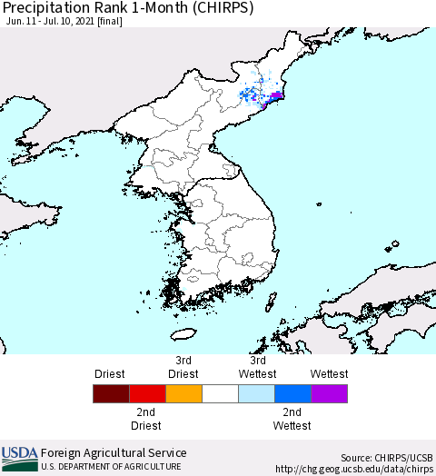 Korea Precipitation Rank 1-Month (CHIRPS) Thematic Map For 6/11/2021 - 7/10/2021
