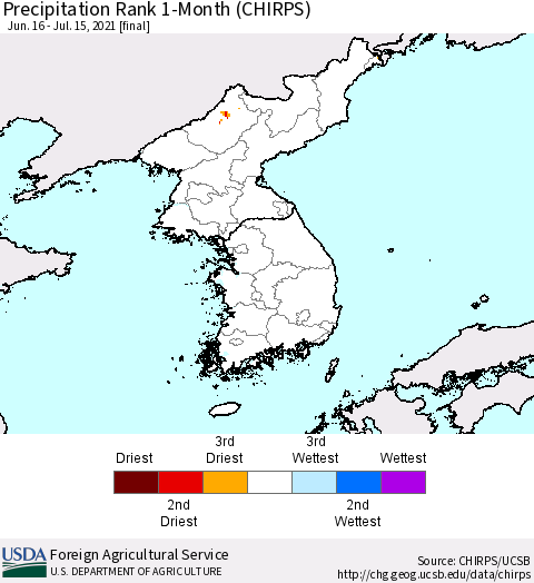 Korea Precipitation Rank 1-Month (CHIRPS) Thematic Map For 6/16/2021 - 7/15/2021