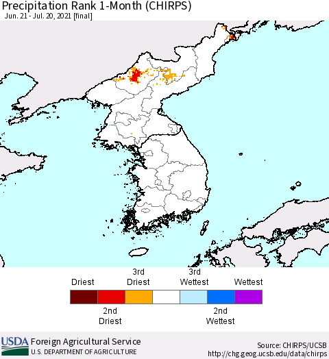 Korea Precipitation Rank 1-Month (CHIRPS) Thematic Map For 6/21/2021 - 7/20/2021